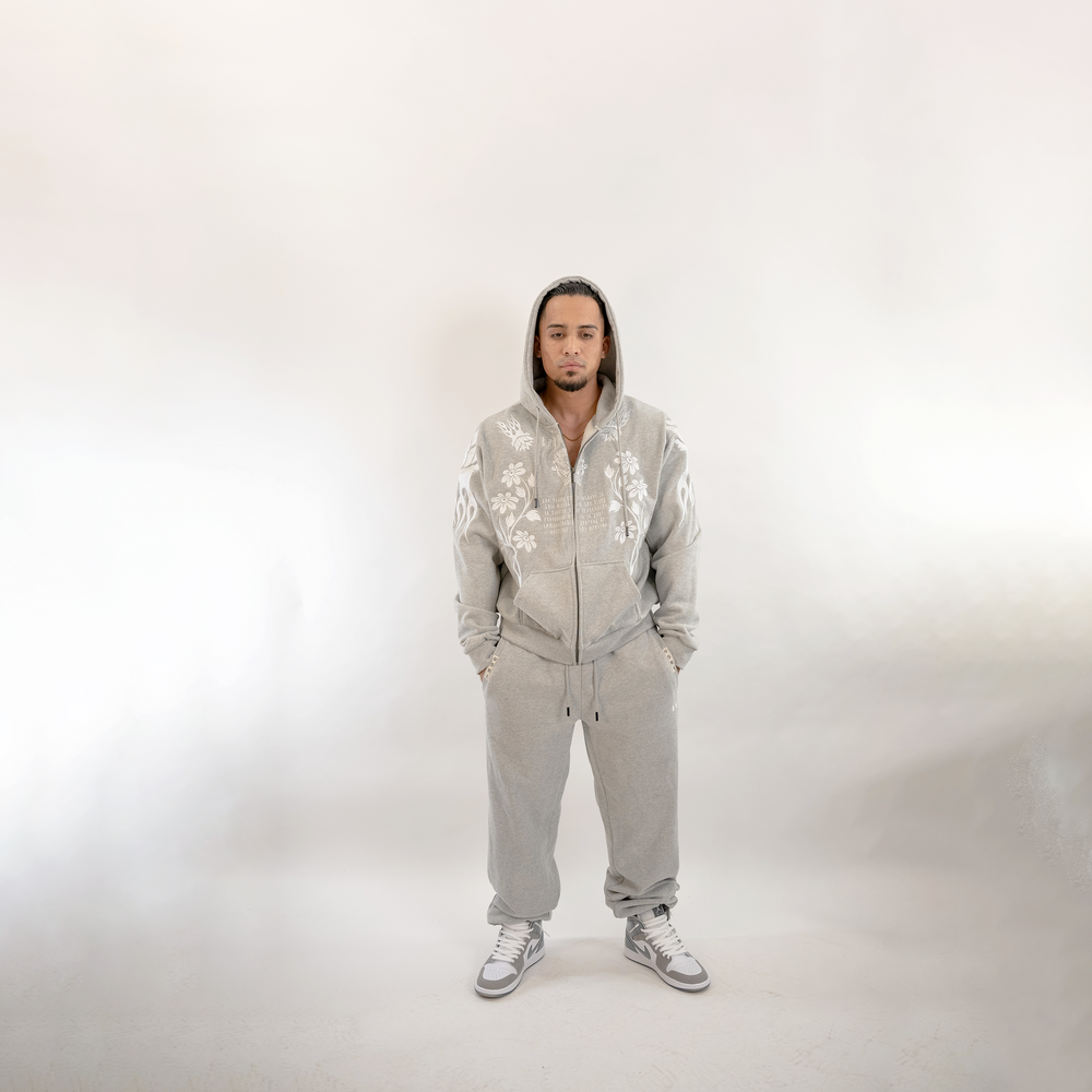 Fire Behind The Flower (Grey) Heavy Oversized Zip Up Hoodie