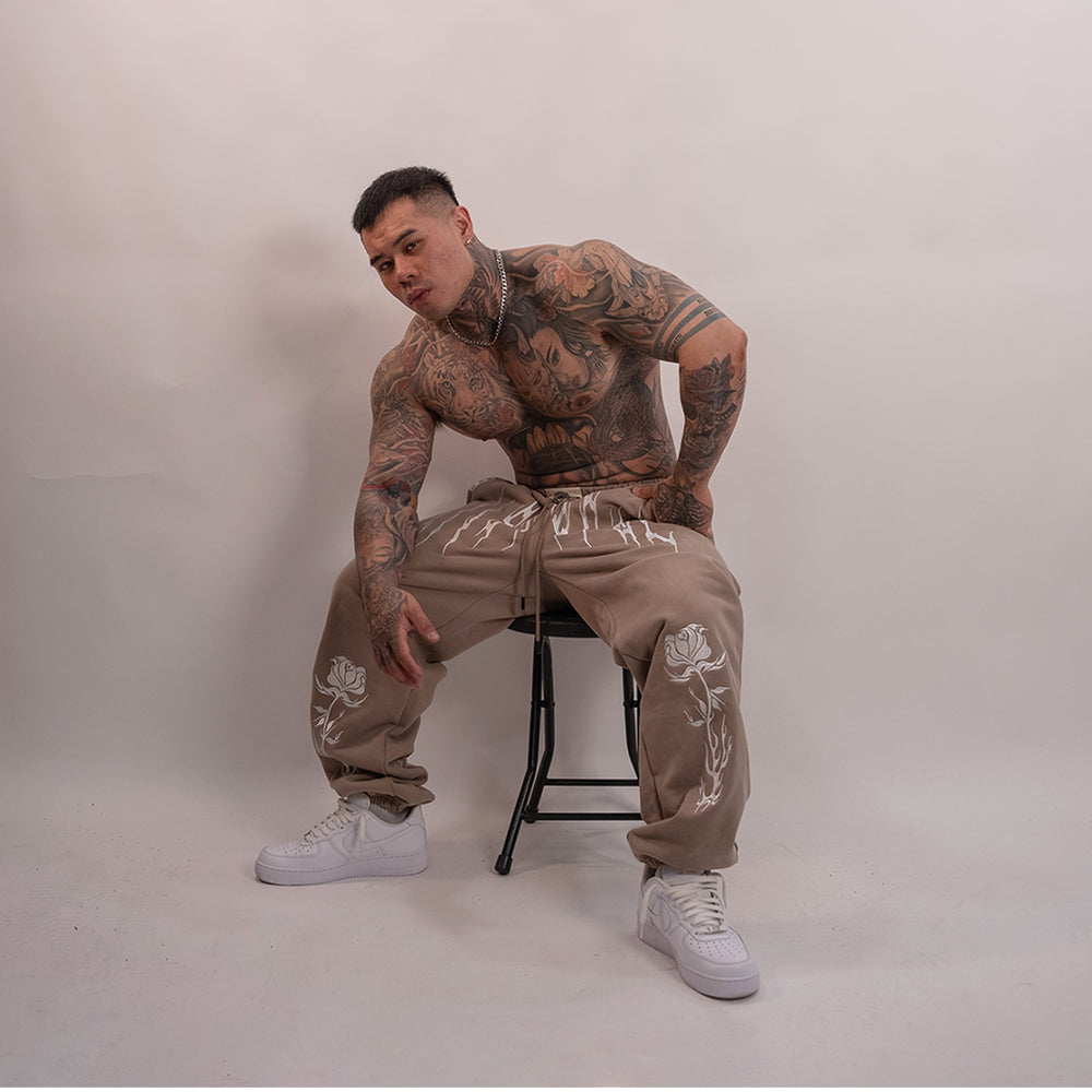 Visceral (Sand) Embroidered Heavyweight Baggy Joggers