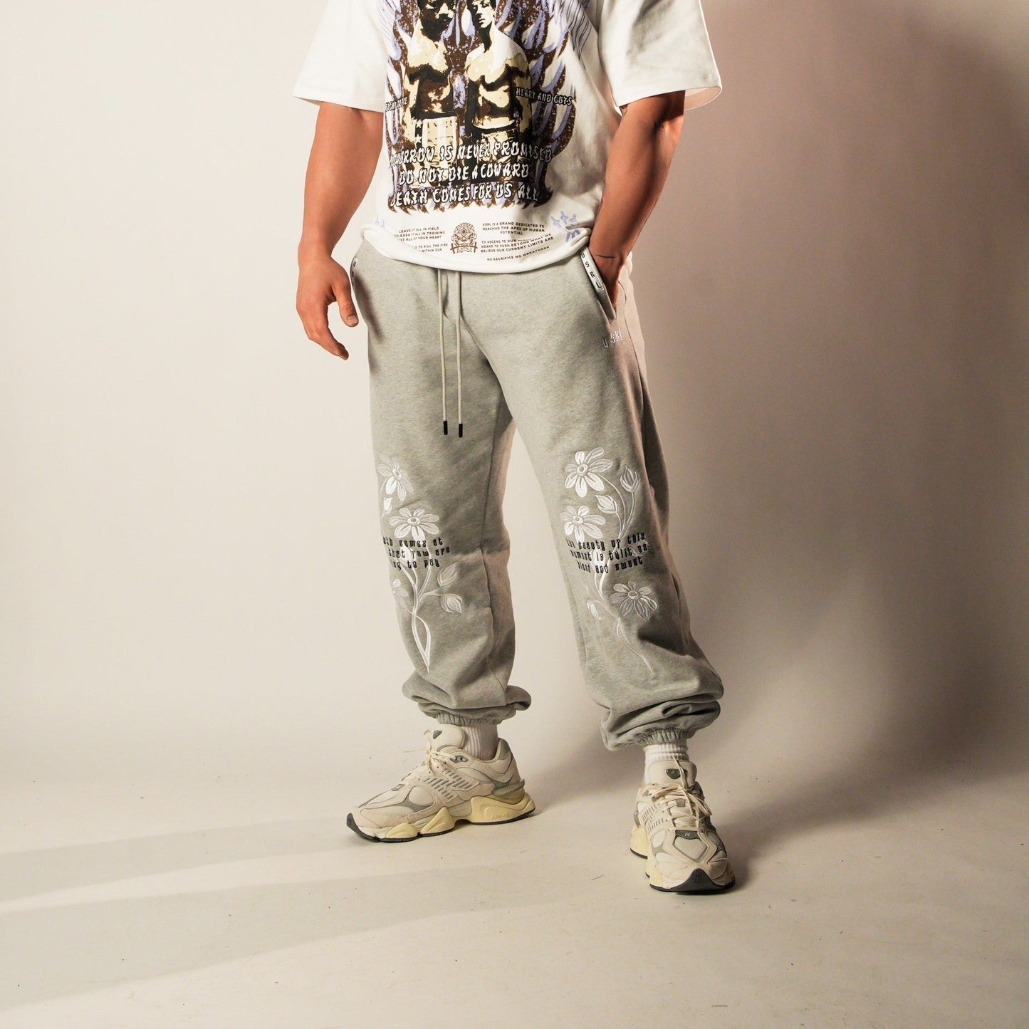 Growth Is Pain (Heather Grey) Embroidered Heavyweight Baggy Joggers