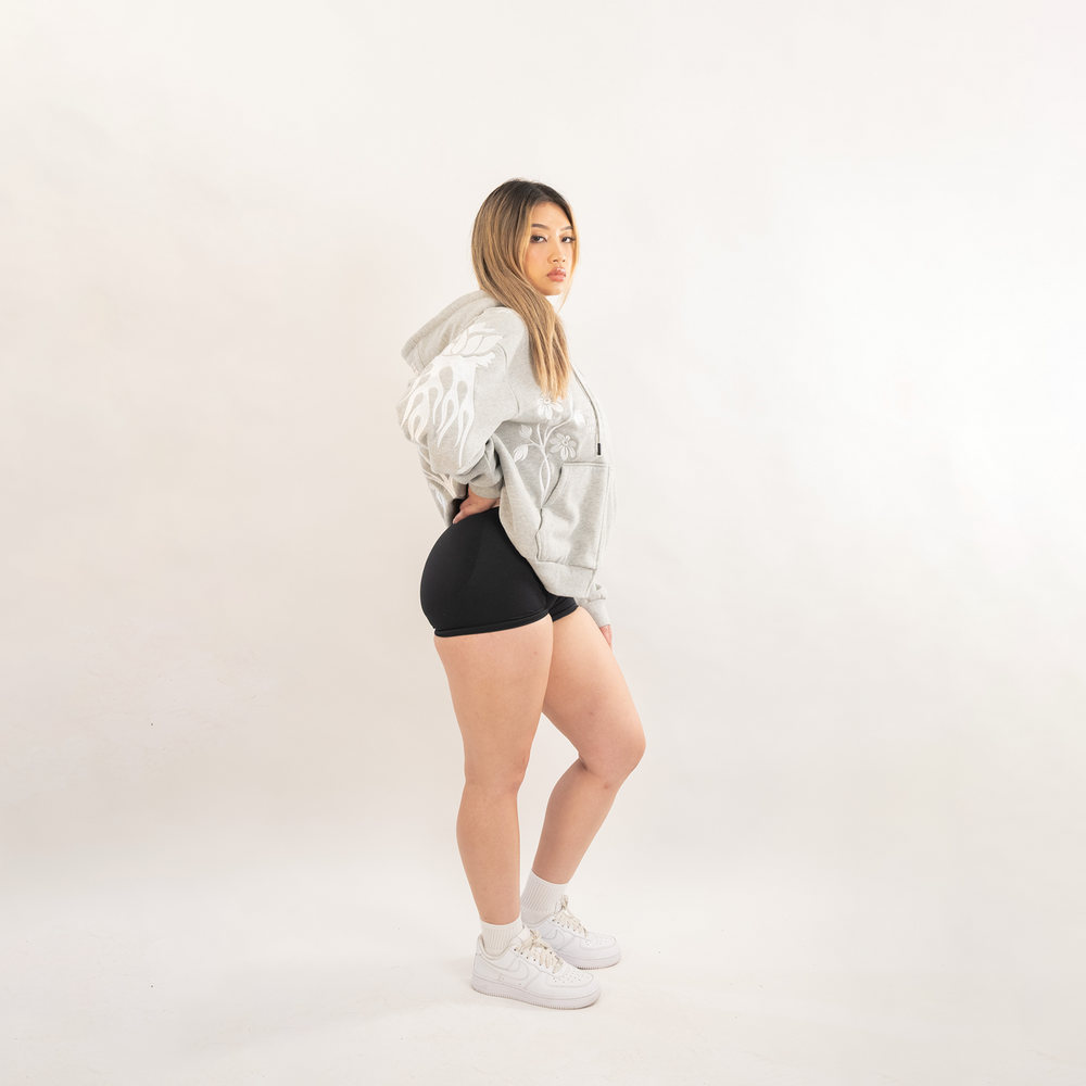 Fire Behind The Flower (Grey) Heavy Oversized Zip Up Hoodie